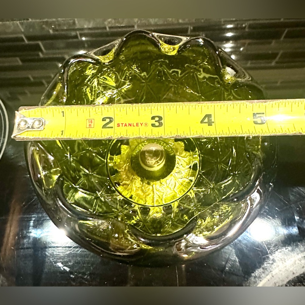 VTG Indiana Glass Diamond Point Footed Avacado Bowl w/Metal Leaf Base - Picture 6 of 9